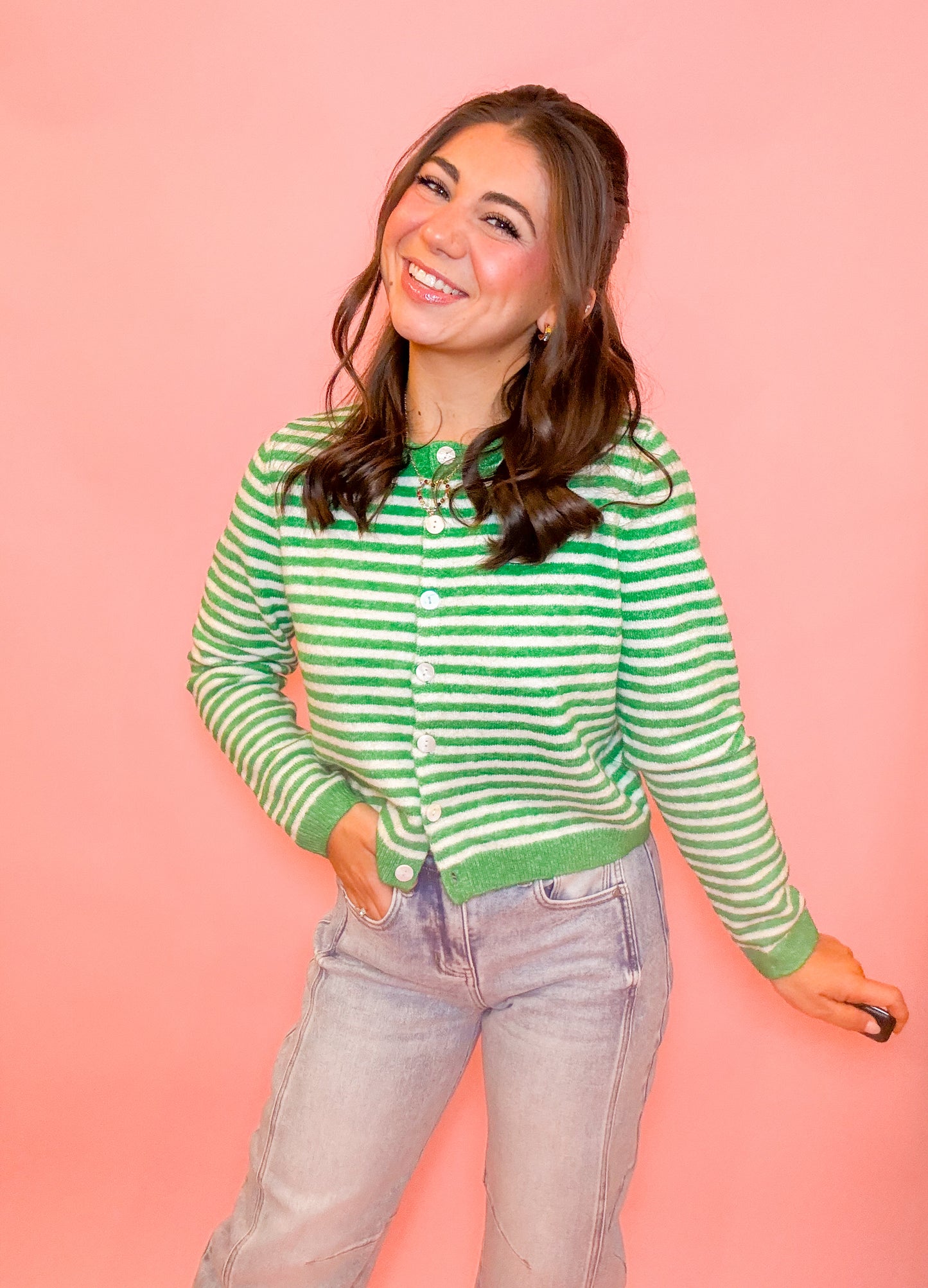 STRIPED SWEATER CARDIGAN - KELLY GREEN