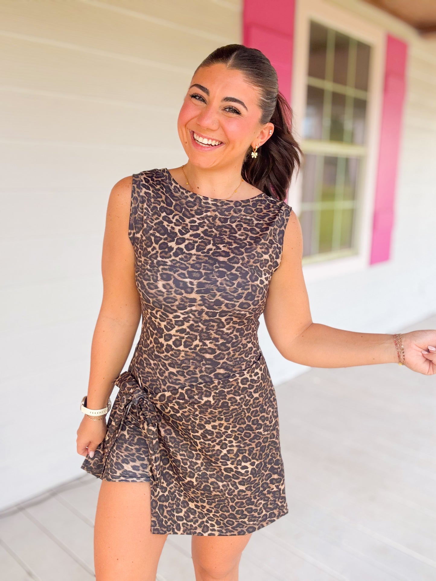 LEOPARD SLEEVELESS WRAP TIE DRESS