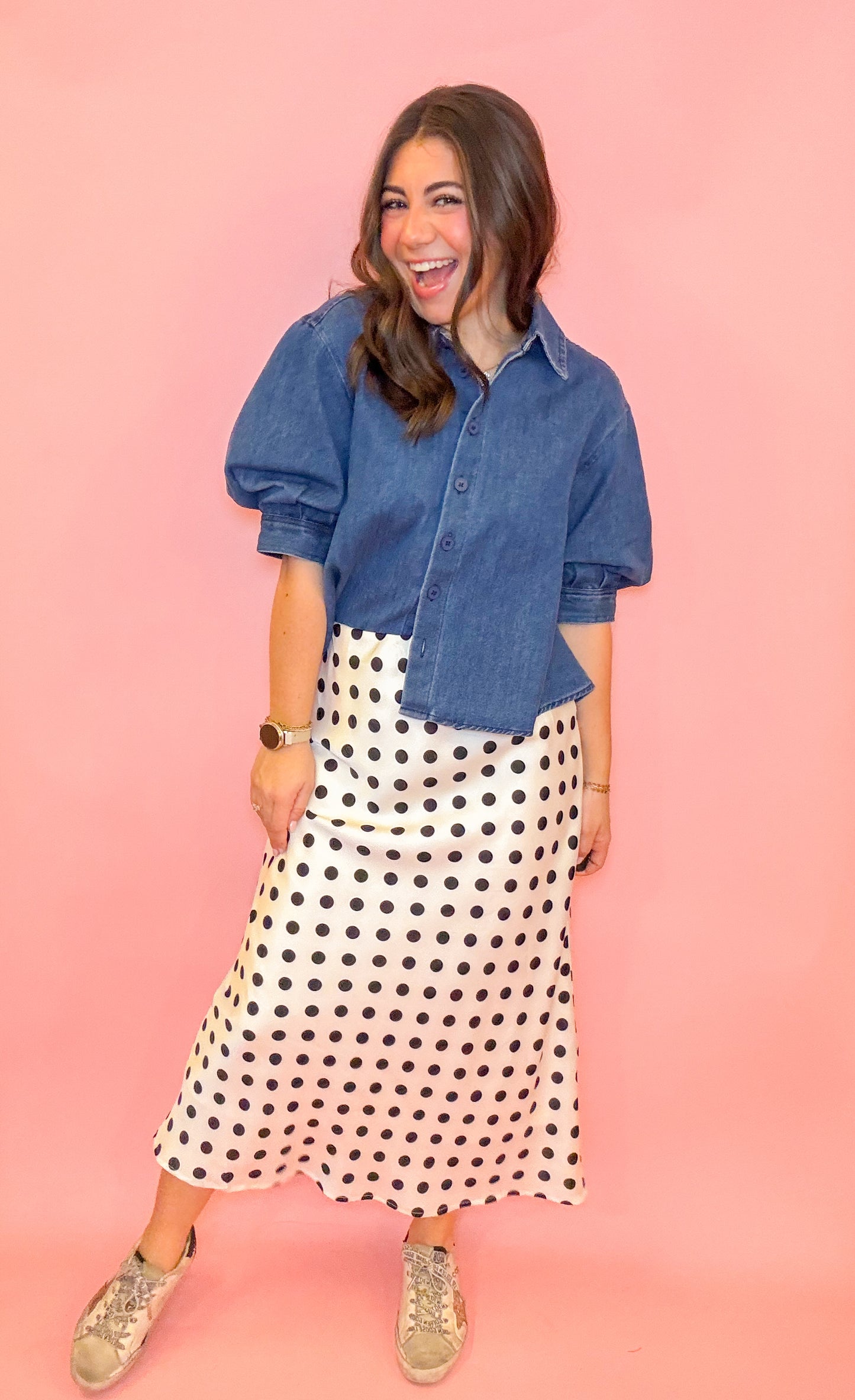 PUFF SLV BUTTON DOWN DENIM TOP