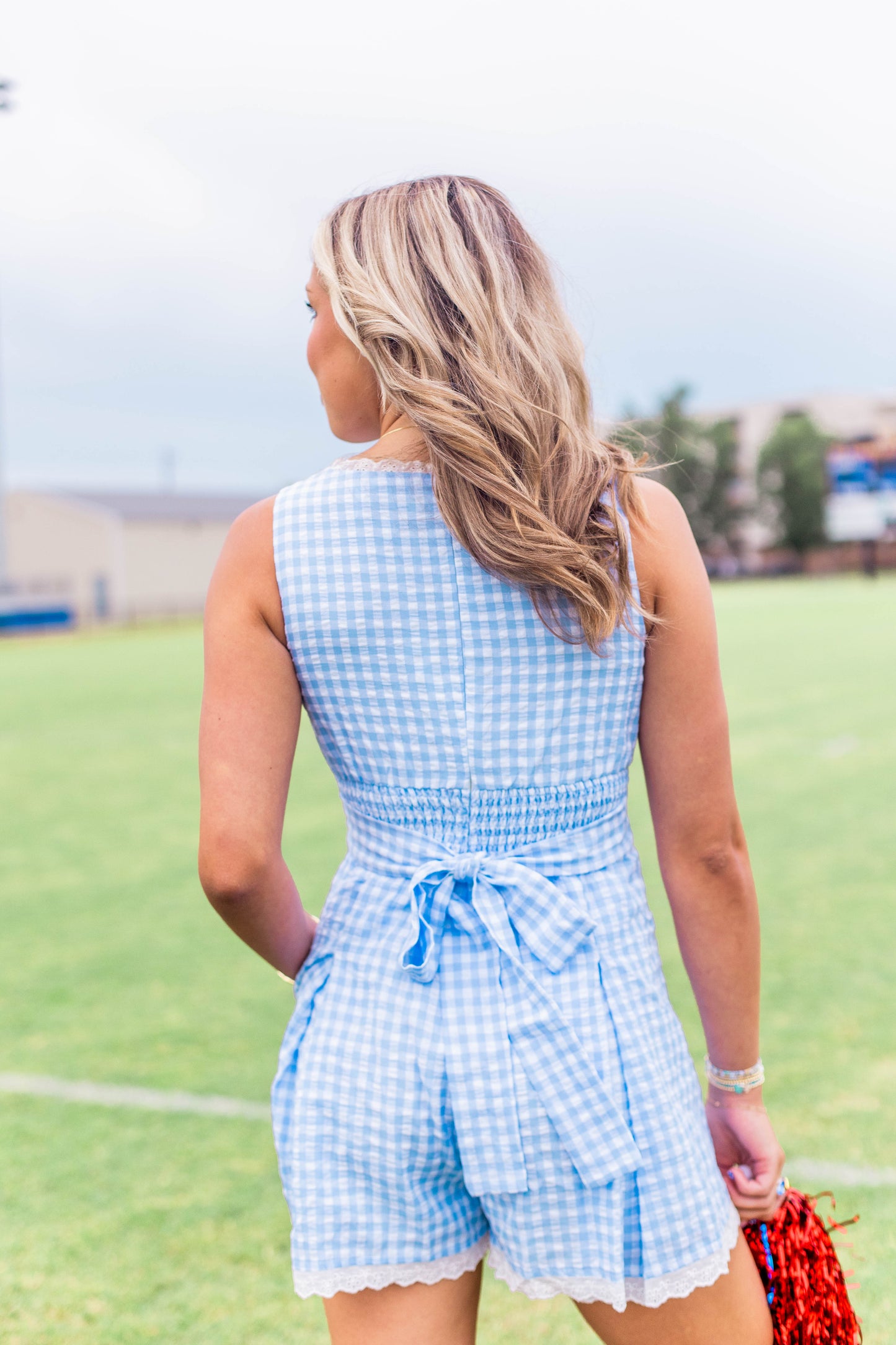 GINGHAM PLAID LACE TRIM ROMPER