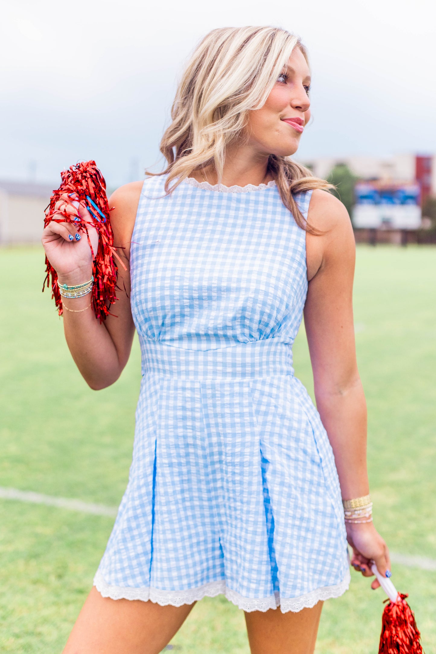 GINGHAM PLAID LACE TRIM ROMPER
