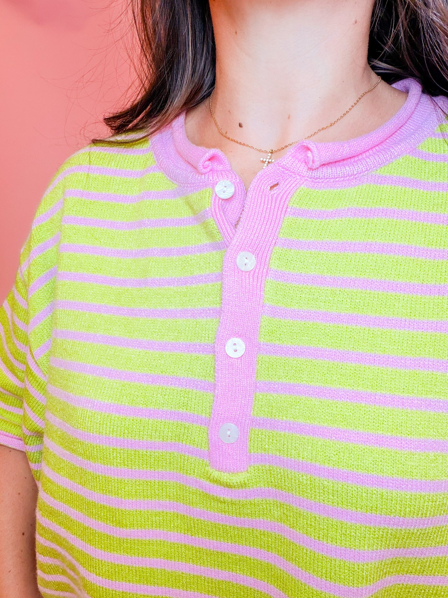 STRIPED HENLEY KNIT TOP - STRAWBERRY/MATCHA