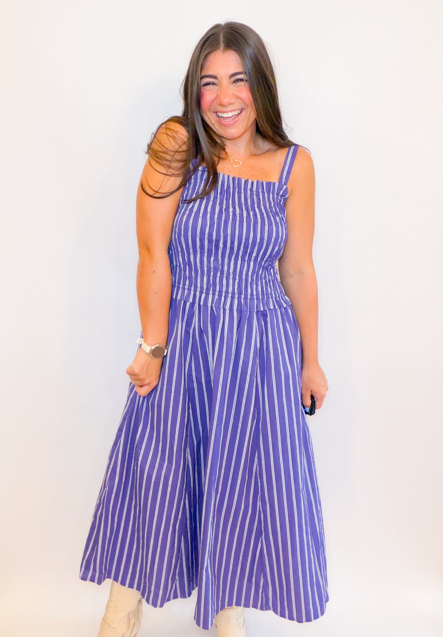 STRIPED MIDI DRESS WITH SMOCKED BODICE