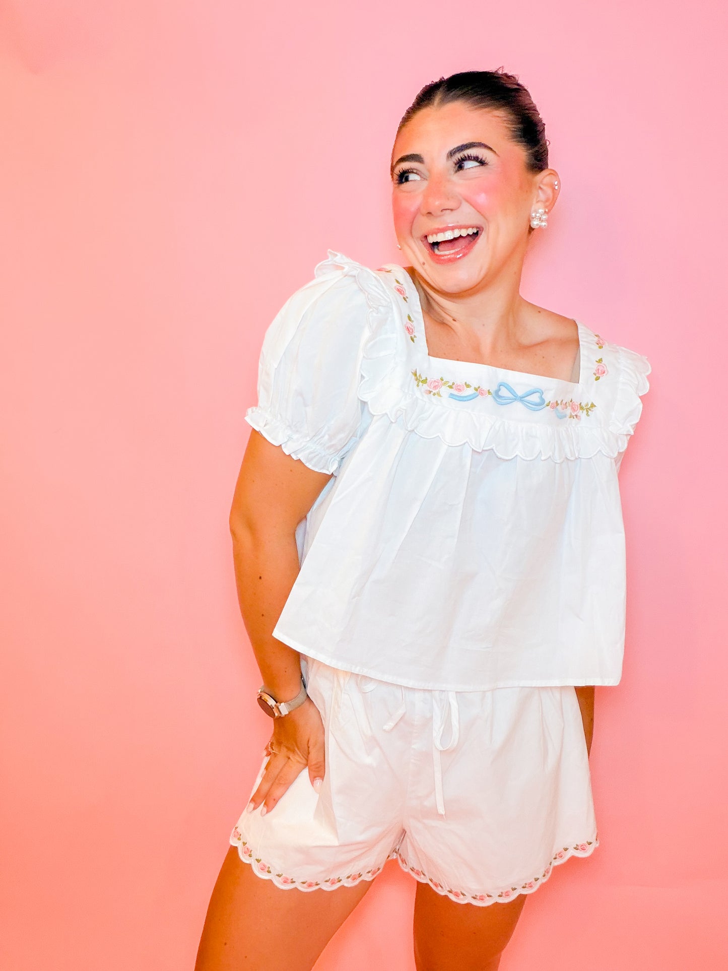 EMBROIDERED SQUARE NECK TOP & SHORT SET - WHITE