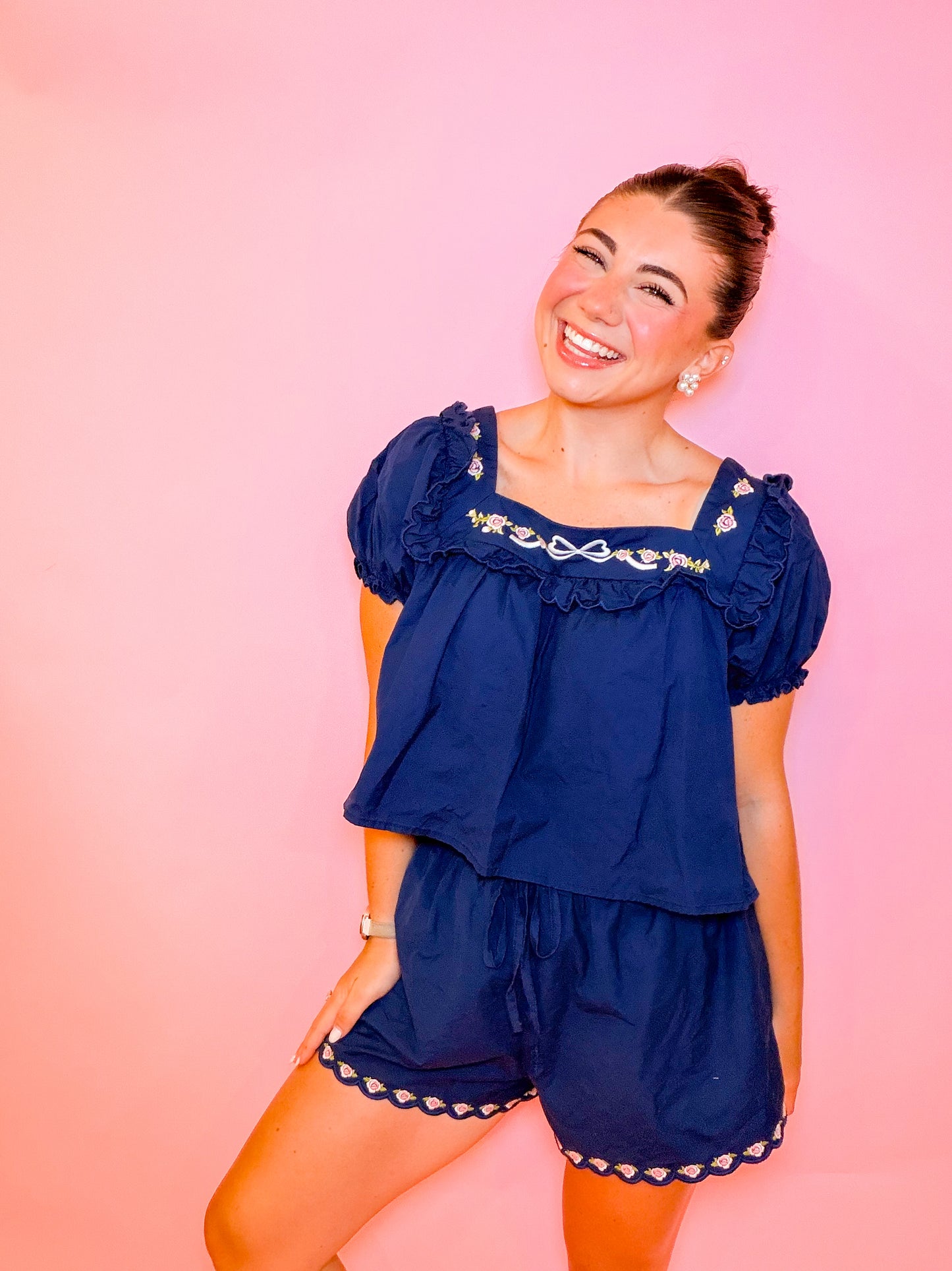 EMBROIDERED SQUARE NECK TOP & SHORT SET - NAVY