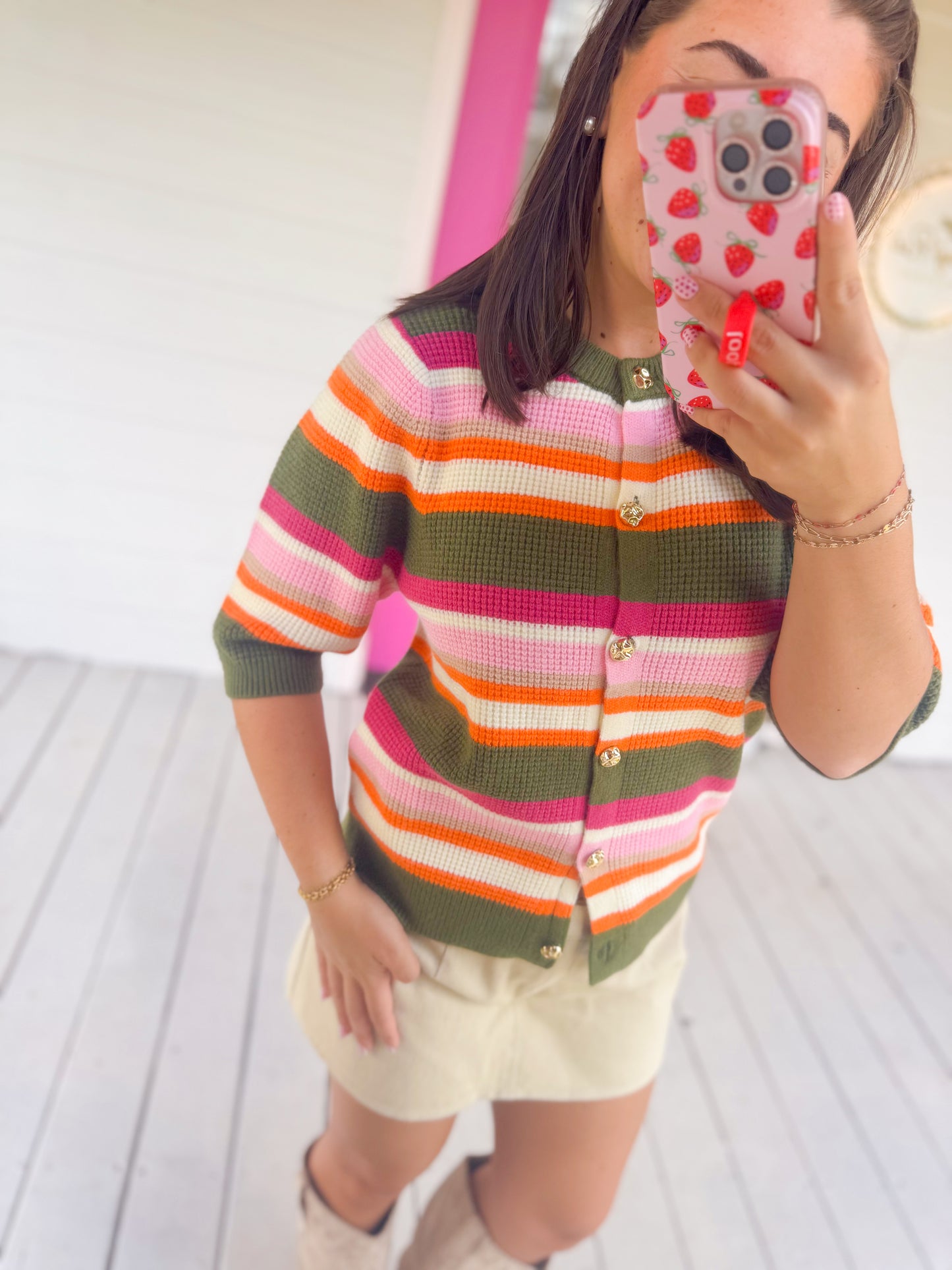SHORT SLEEVE MULTI STRIPE KNIT TOP