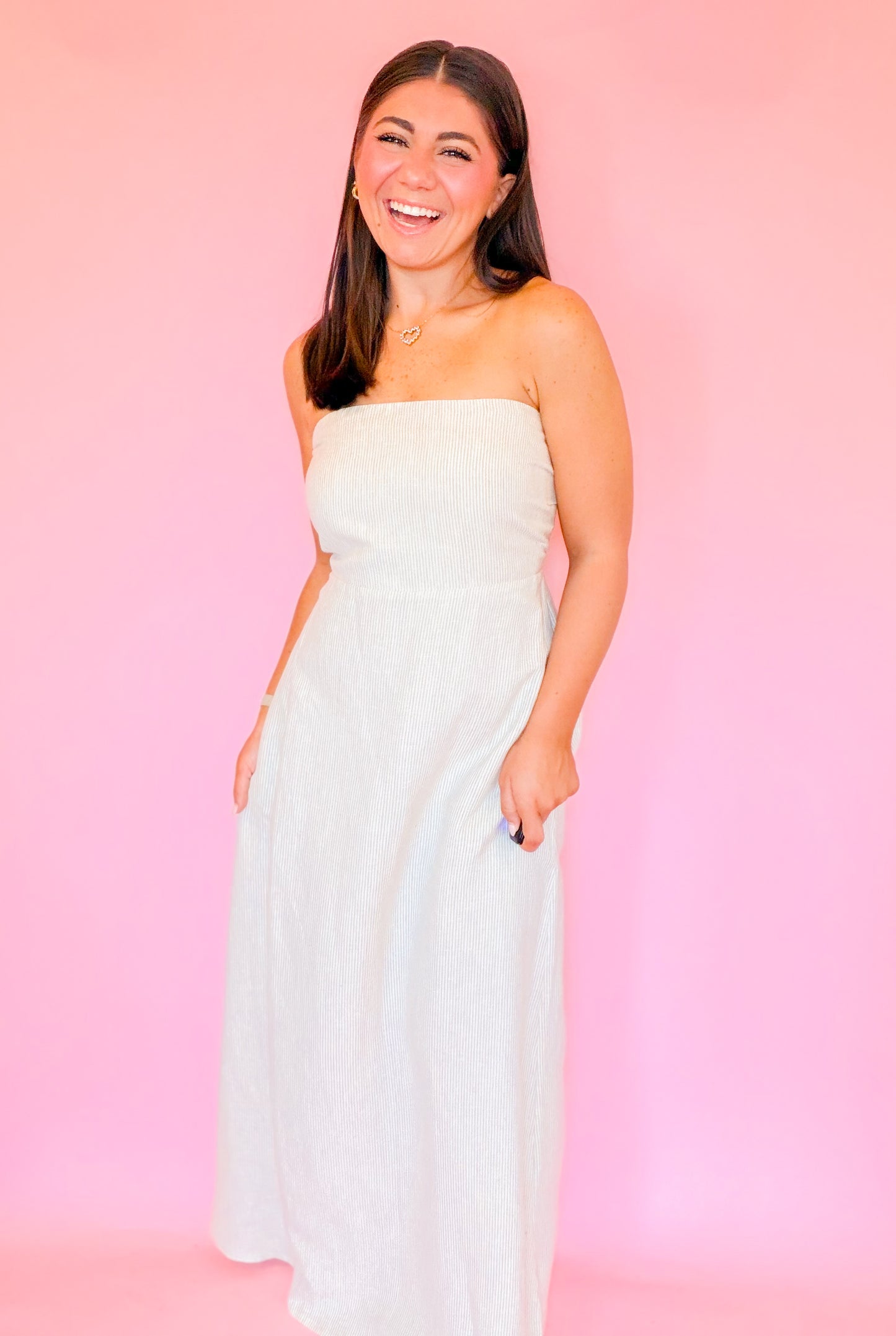 STRAPLESS STRIPED LINEN MIDI DRESS