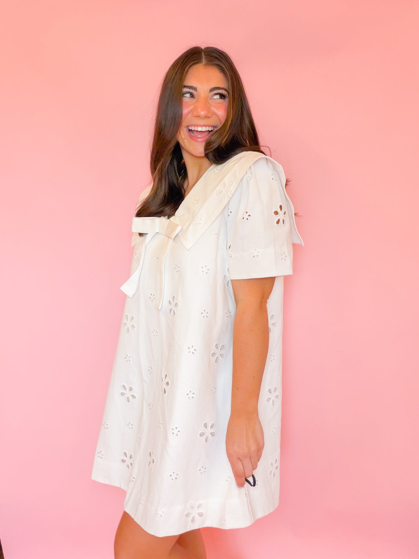 EYELET TWILL STATEMENT COLLAR MINI DRESS