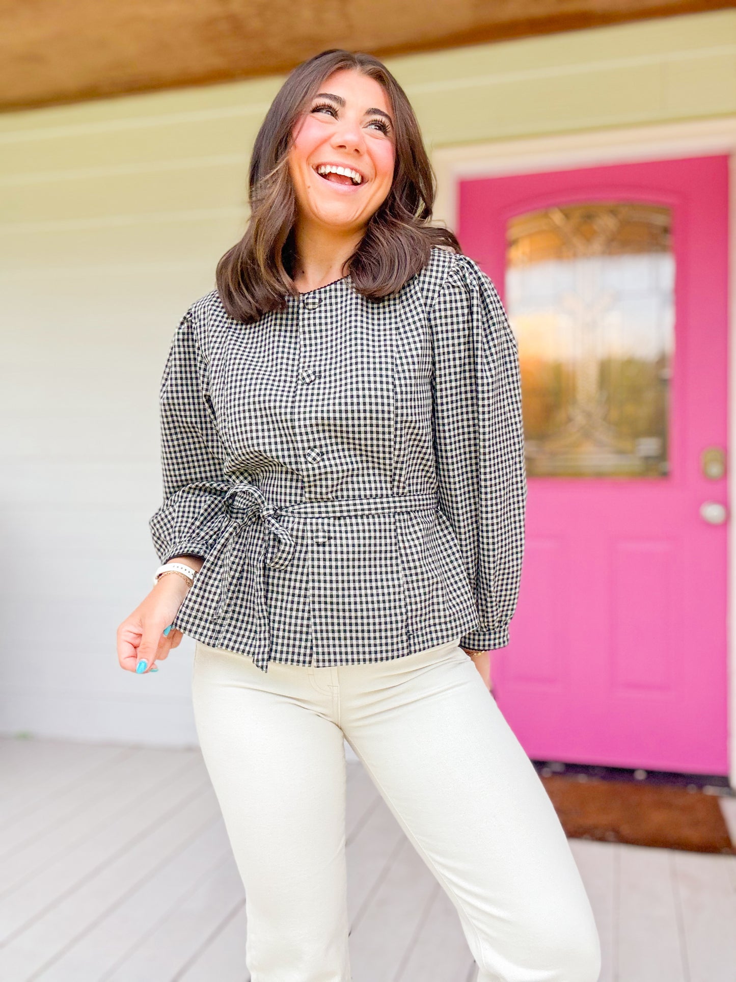 PUFF SLEEVE WRAP TIE PLAID TOP