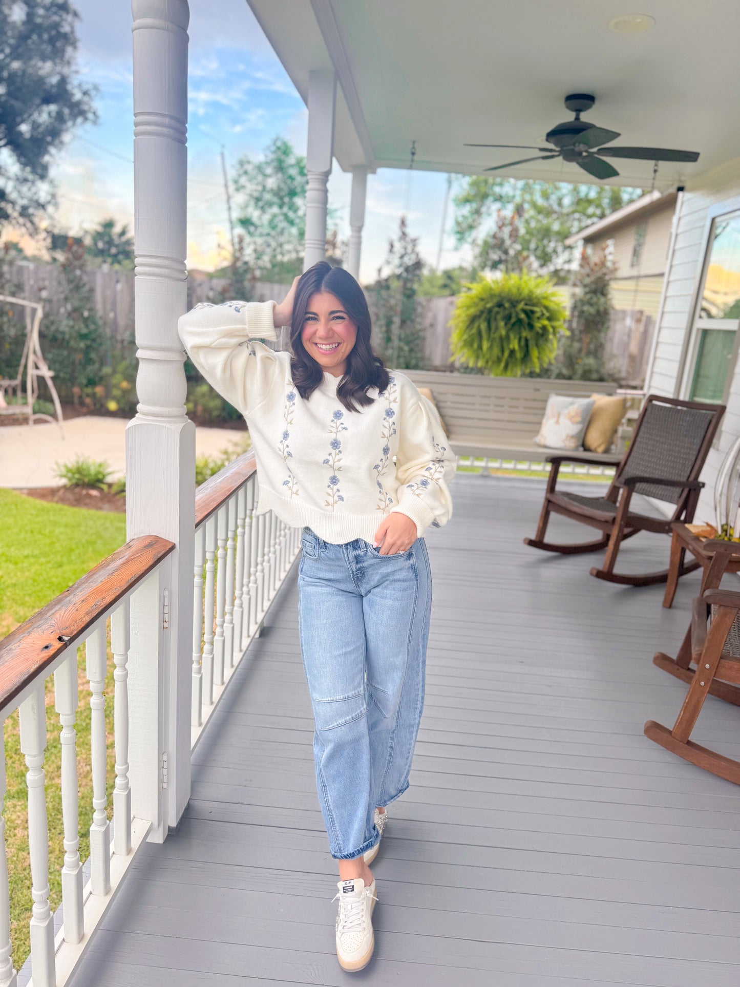 EMBROIDERED FLORAL SCALLOP SWEATER