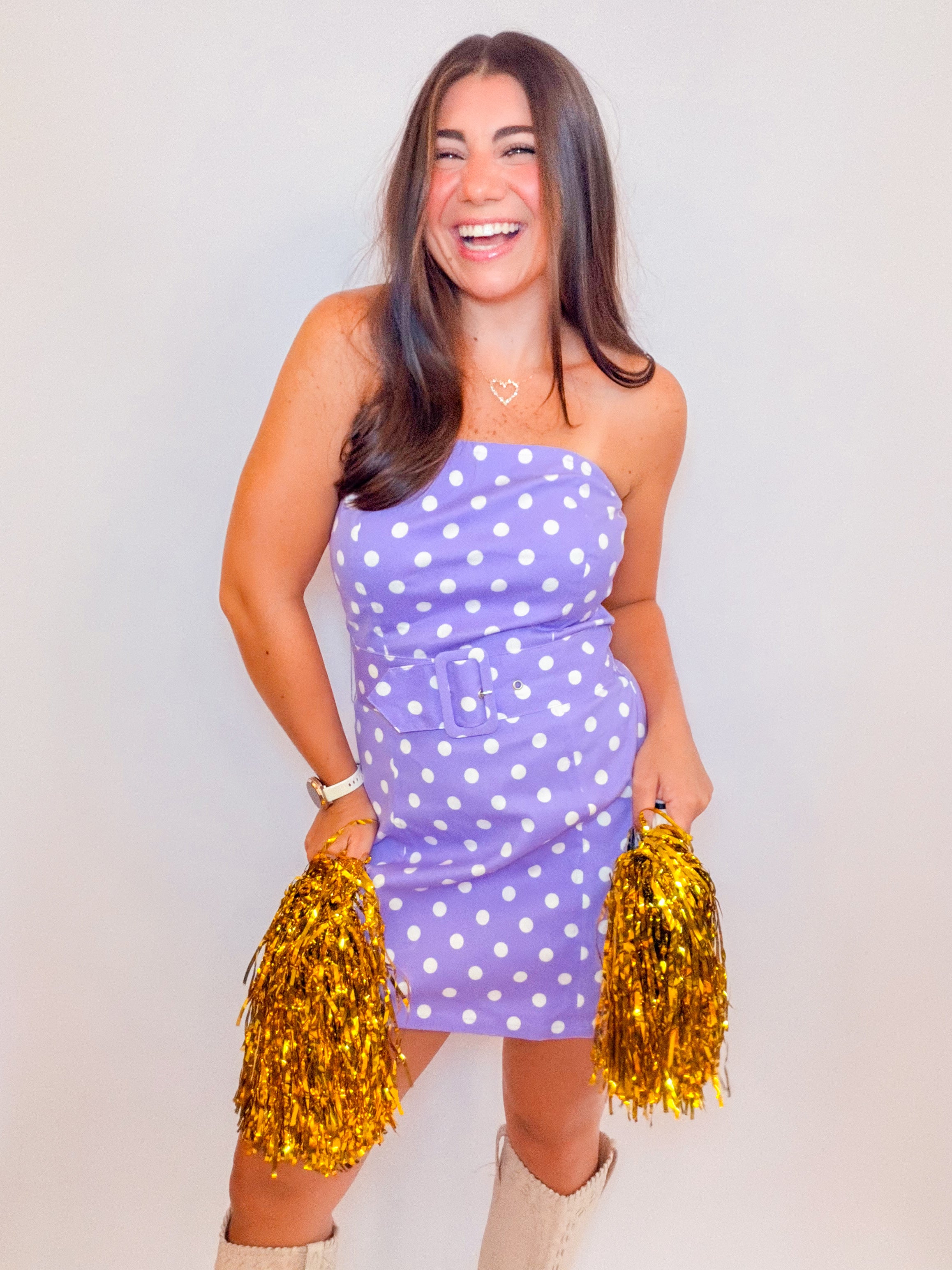 STRAPLESS POLKA DOT DENIM MINI DRESS WITH BELT – Riley Rae Boutique
