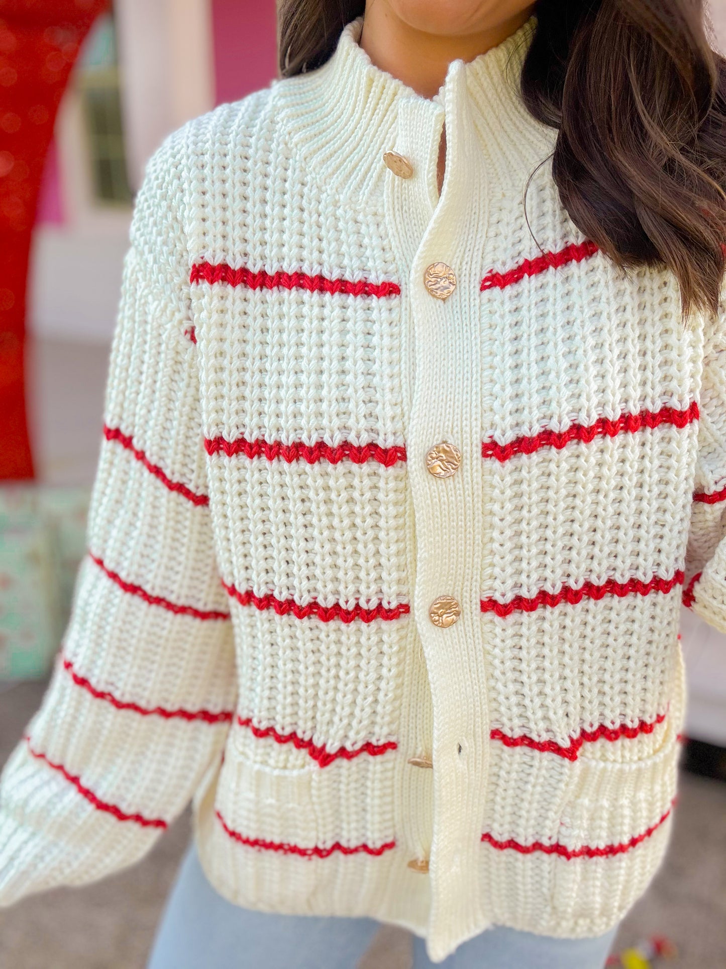 CHUNKY RED STRIPE CARDIGAN