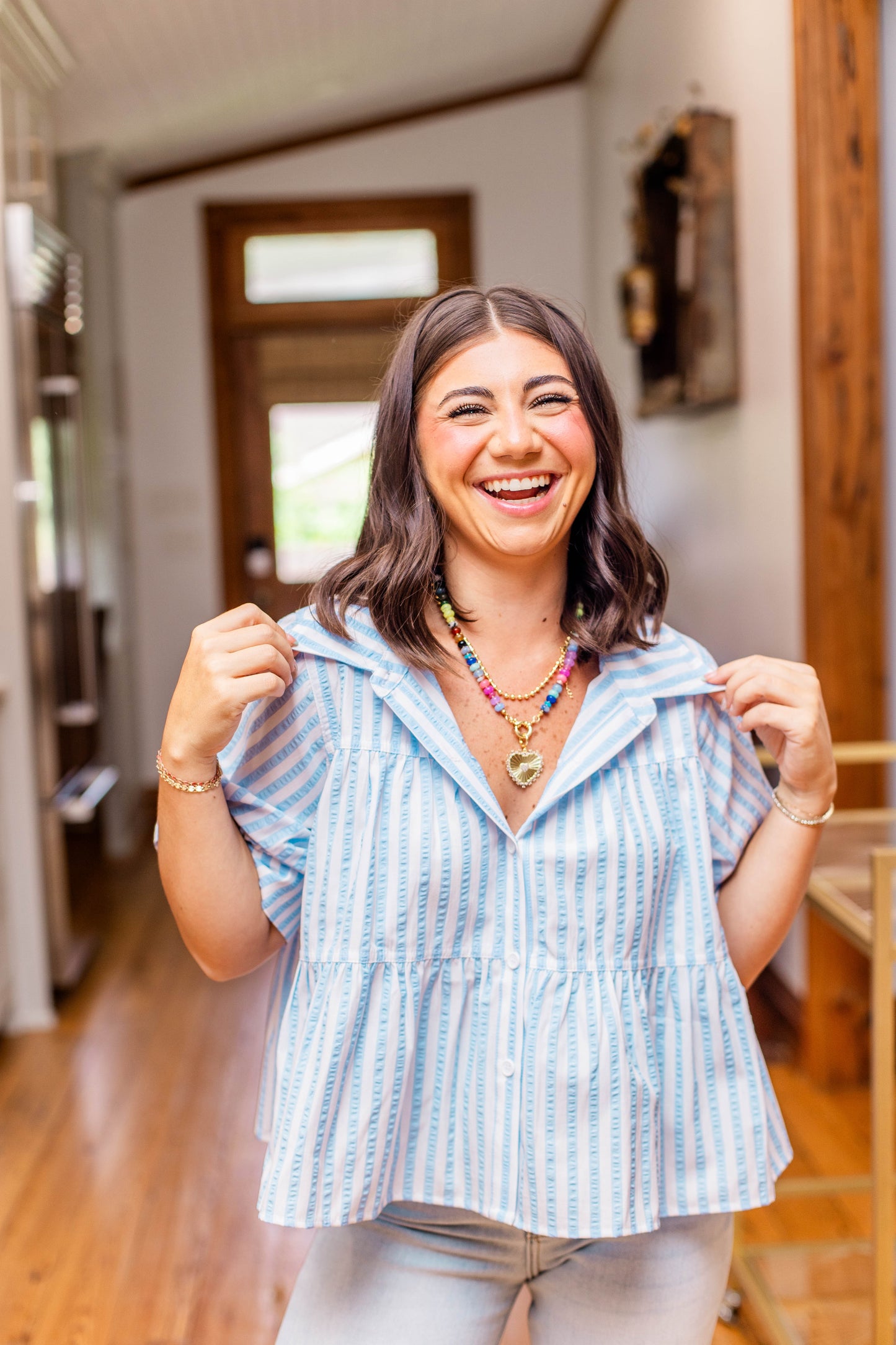 STRIPED BABYDOLL BUTTON DOWN TOP