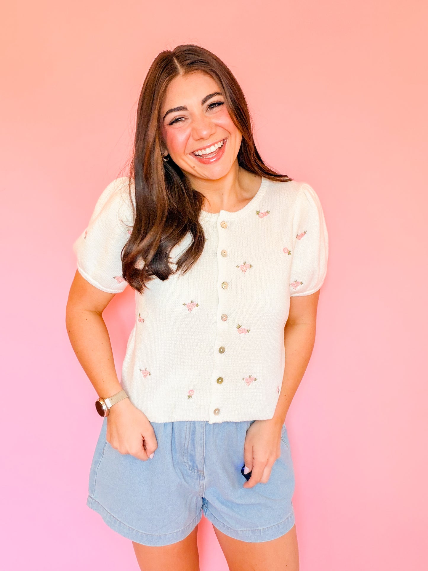 FLORAL EMBROIDERY PUFF SLV KNIT TOP - CREAM