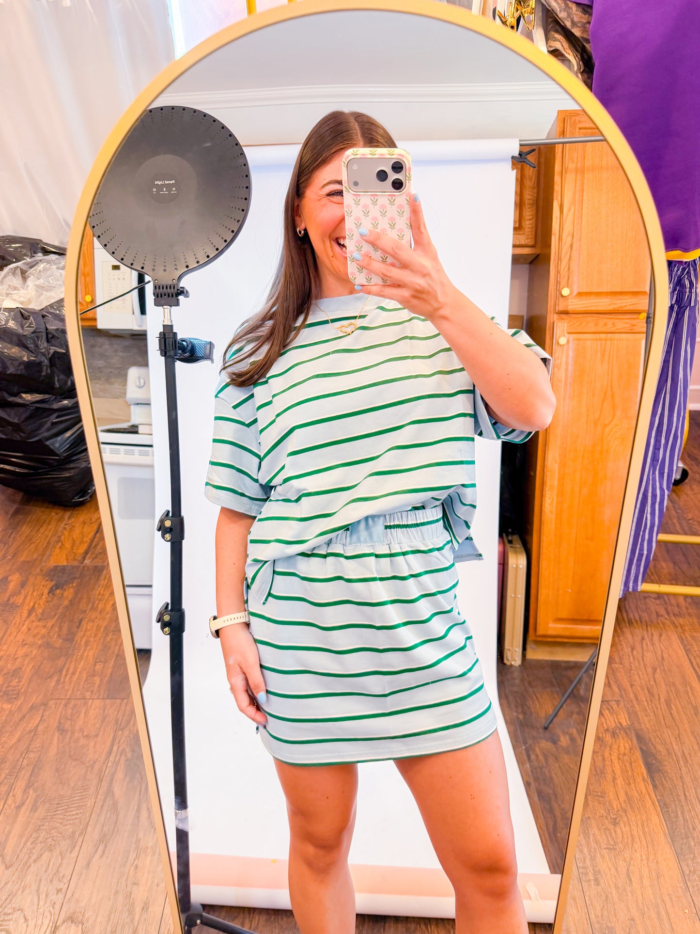 STRIPED LOUNGE TOP & MINI SKORT SET - BLUE/GREEN