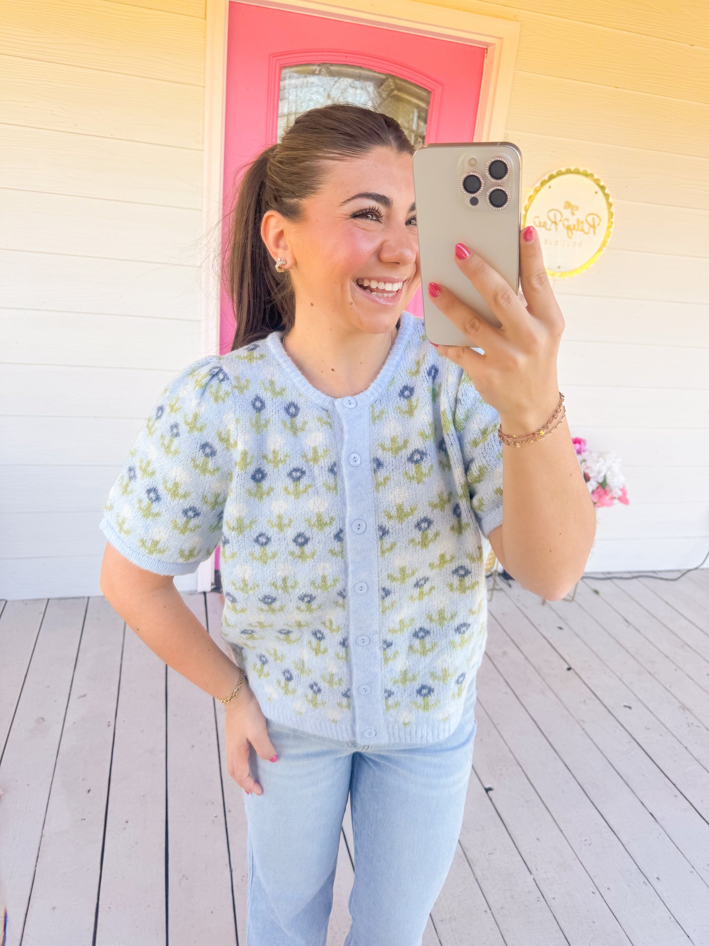 CASHMERE FLORAL BUTTON UP SHORT SLV SWEATER
