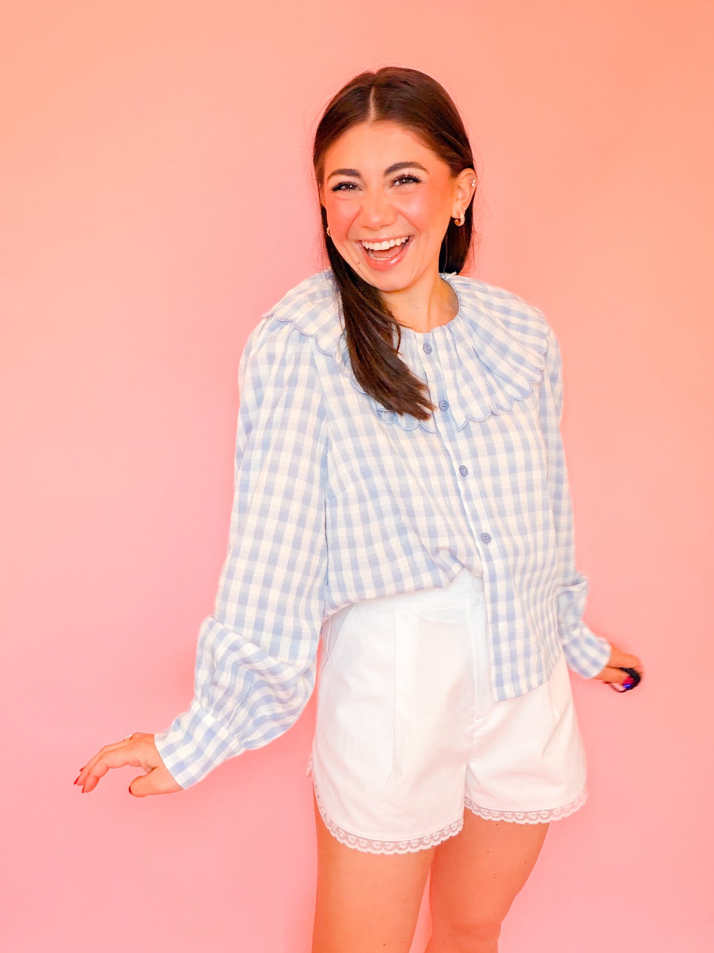 GINGHAM LONG SLEEVE BLOUSE - BLUE