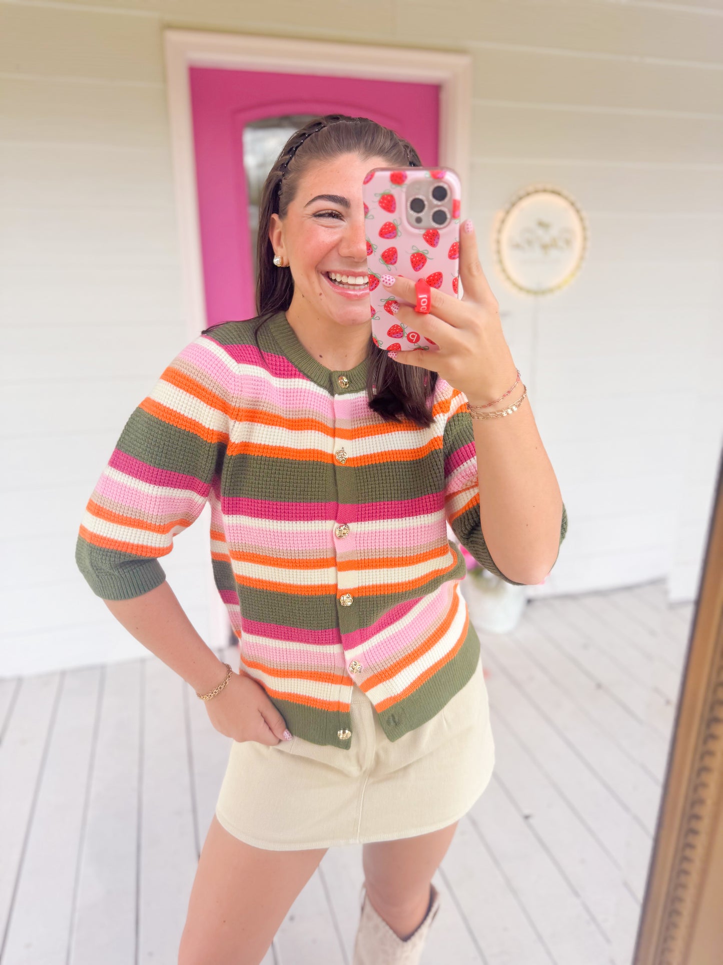 SHORT SLEEVE MULTI STRIPE KNIT TOP