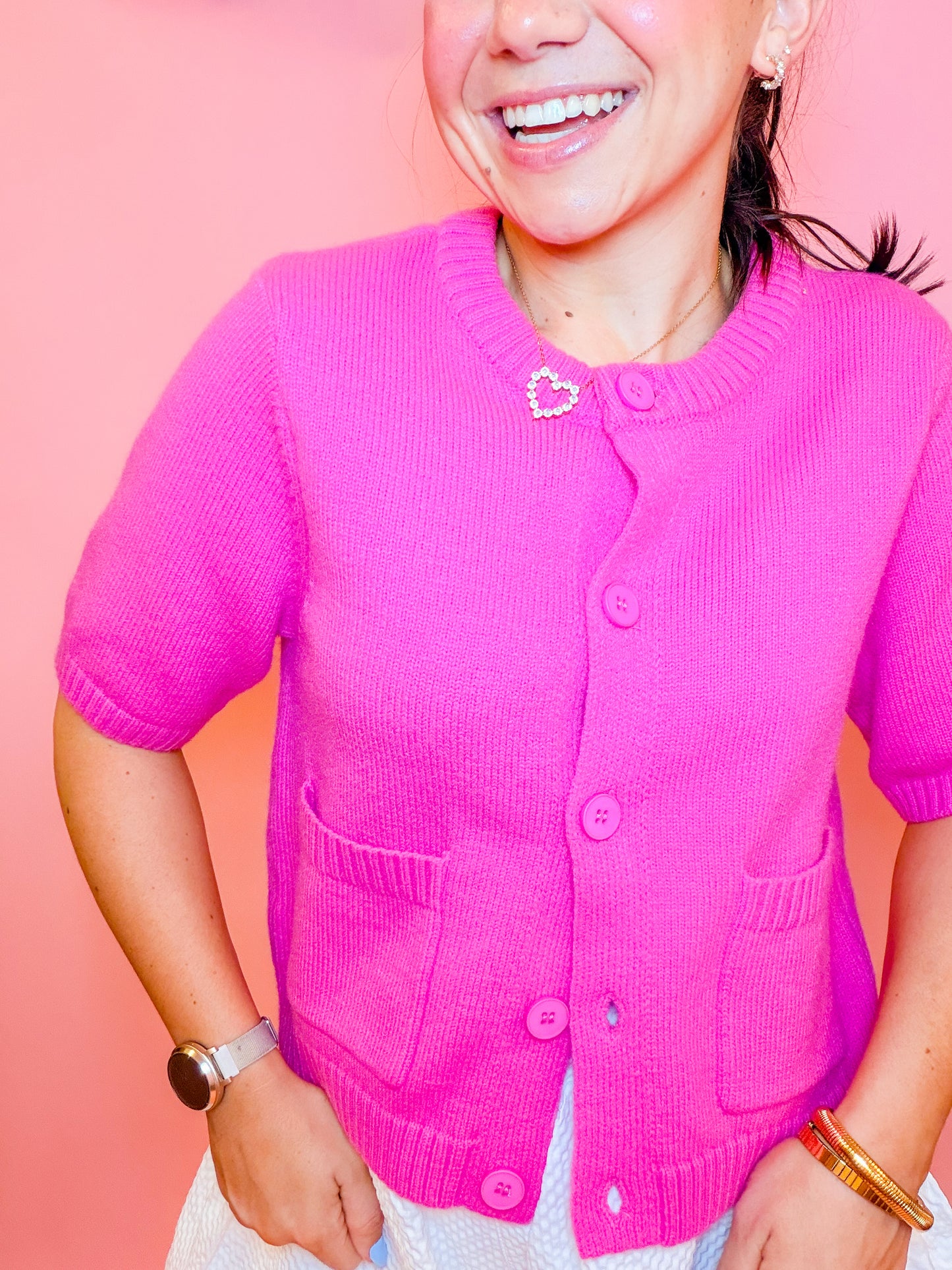 PATCH POCKET CREW NECK CARDIGAN TOP