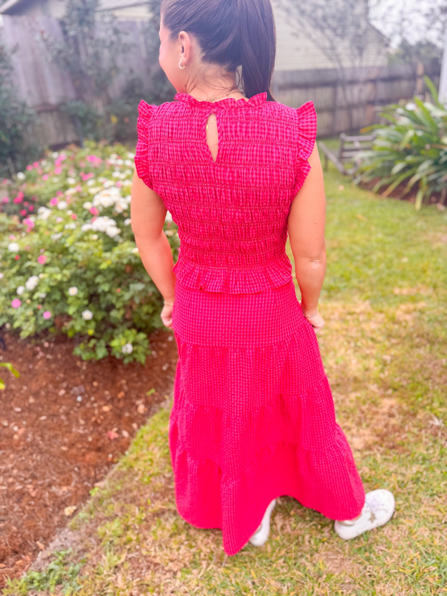 GINGHAM SMOCKED TOP & TIERED MAXI SKIRT SET