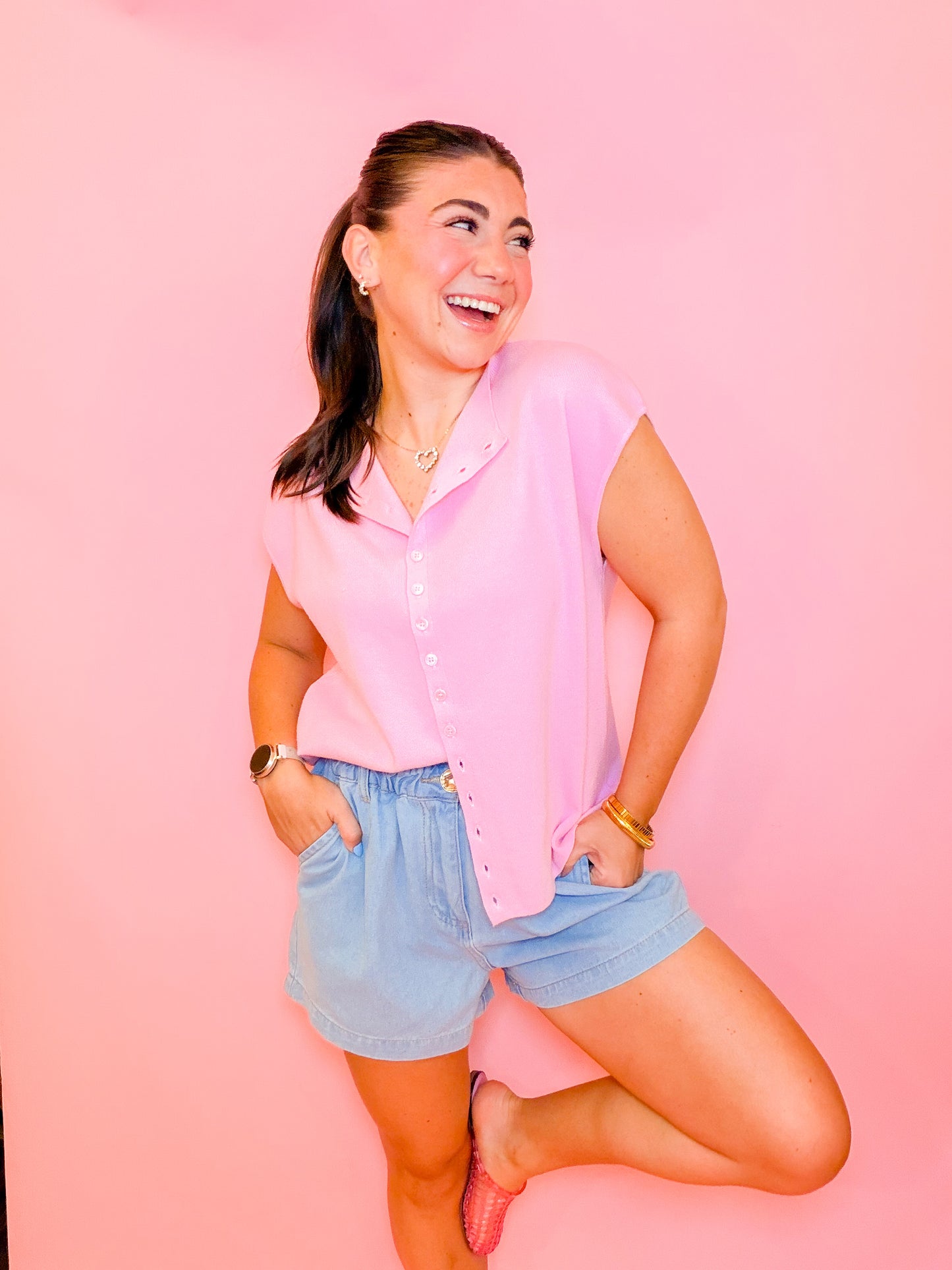 CAP SLEEVE LIGHTWEIGHT SWEATER - LIGHT PINK