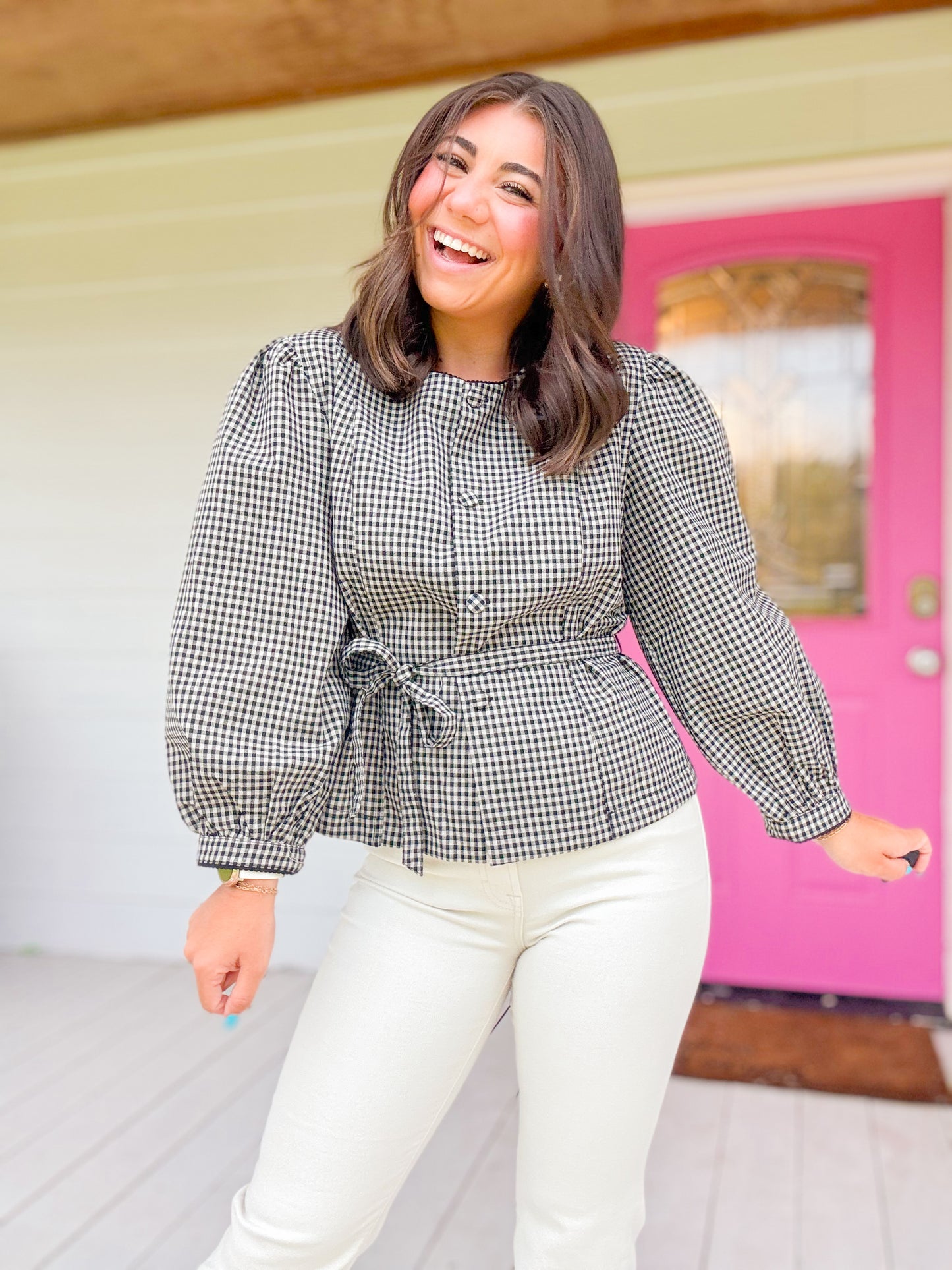PUFF SLEEVE WRAP TIE PLAID TOP