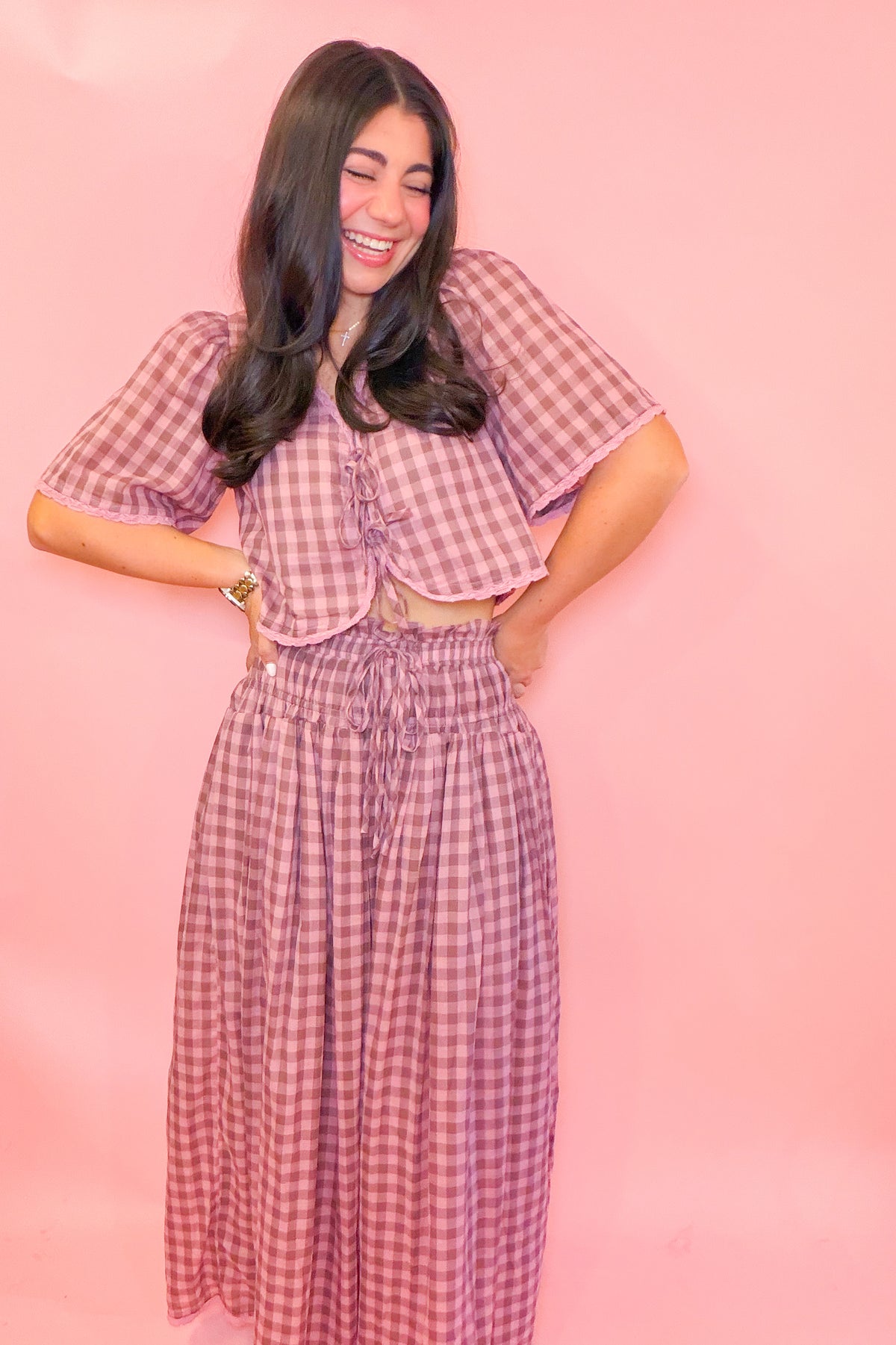 FRONT TIE TOP + MIDI SKIRT SET - MAUVE GING.