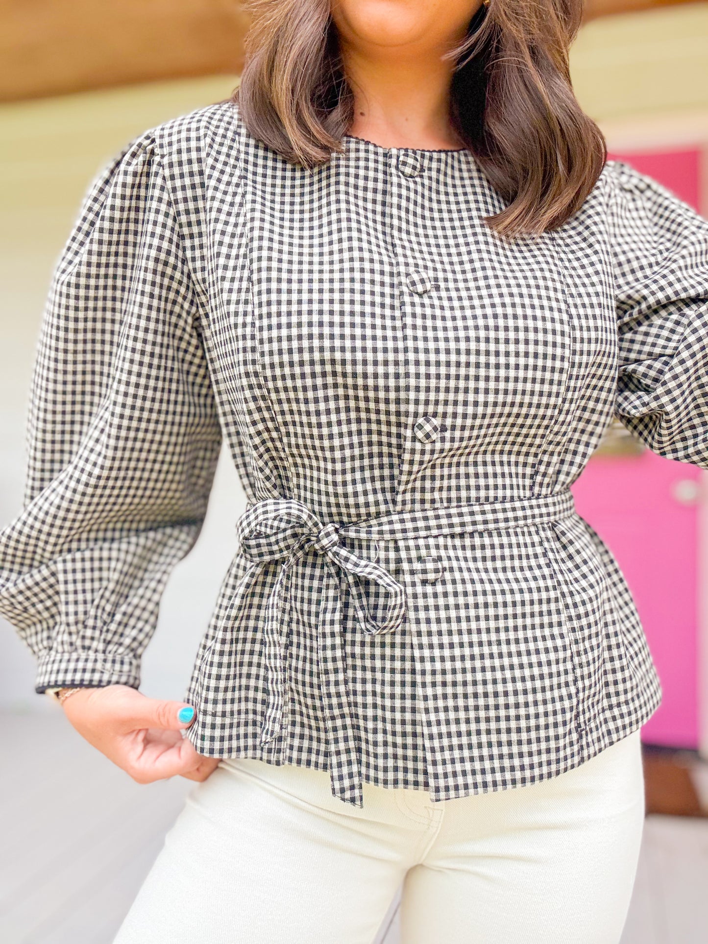 PUFF SLEEVE WRAP TIE PLAID TOP