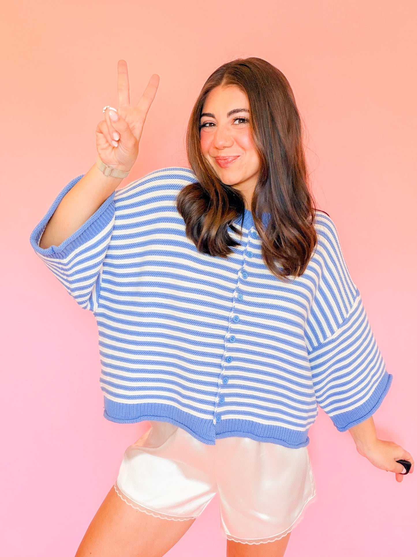 STRIPE BUTTON UP HALF SLEEVE CARDIGAN - BLUE
