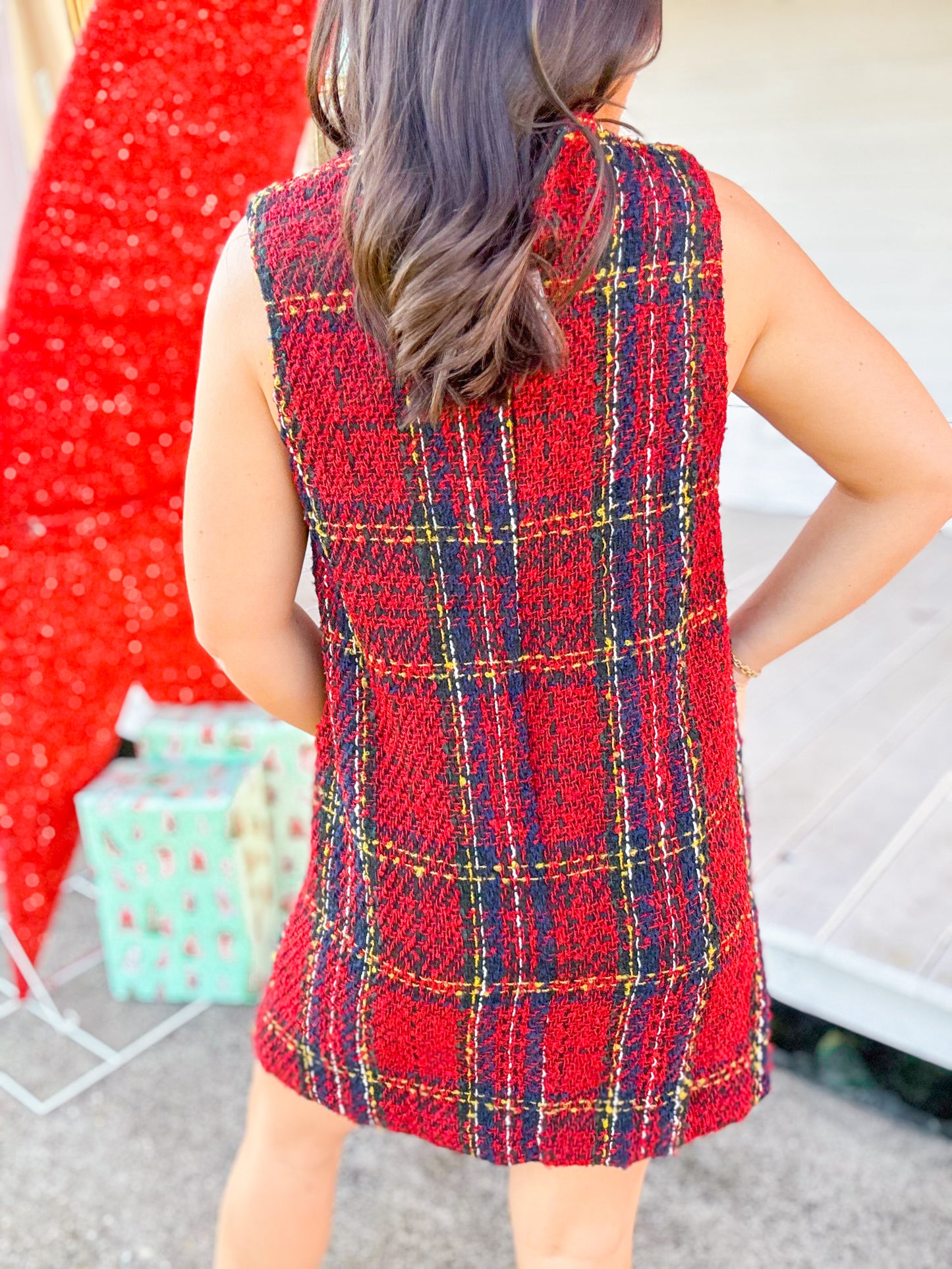 CHECKERED TWEED V NECK MINI DRESS