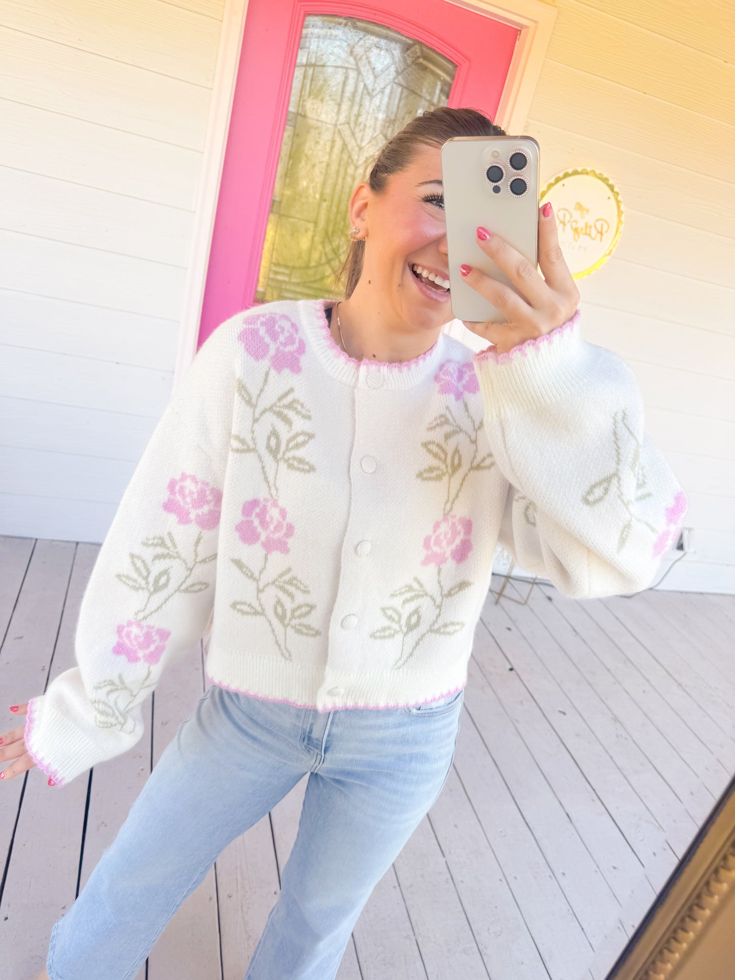 FLORAL STEM BUTTON UP SWEATER
