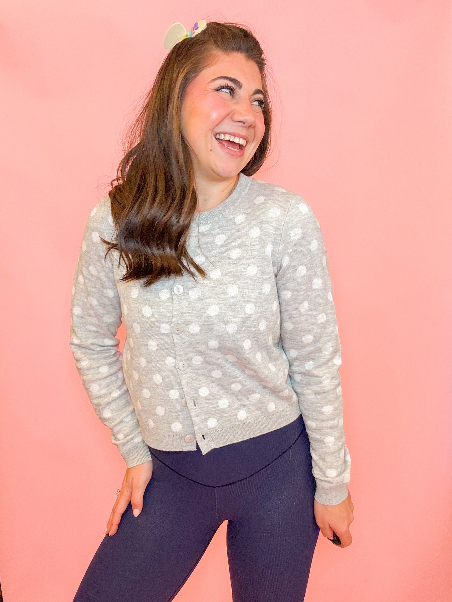 POLKA DOT SWEATER CARDIGAN - HEATHER GREY