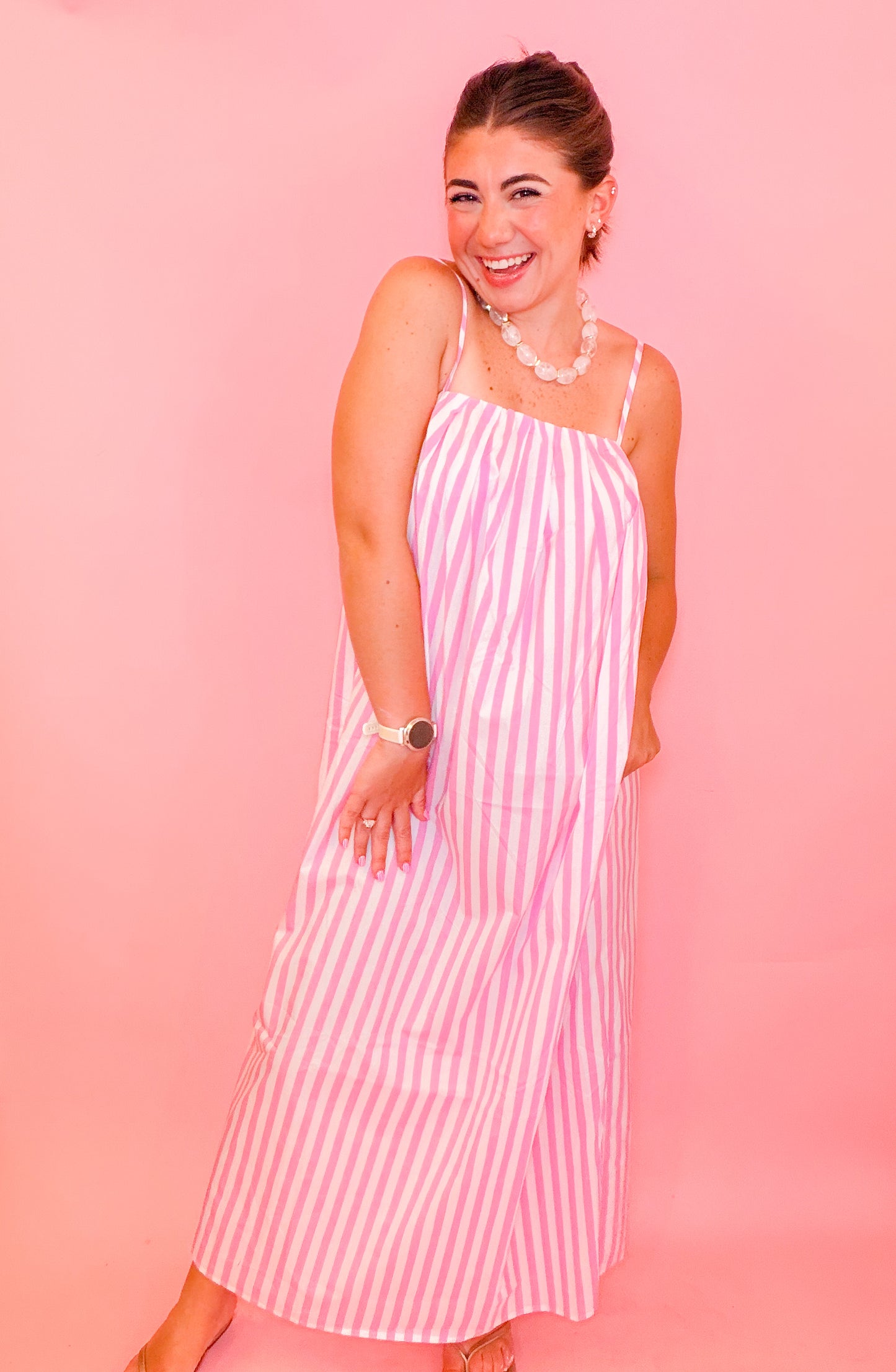 STRIPED MIDI DRESS - PINK/WHITE