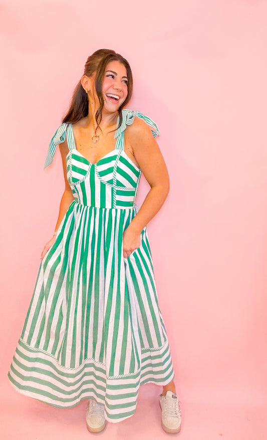 STRIPED TIE SHOULDER MIDI DRESS