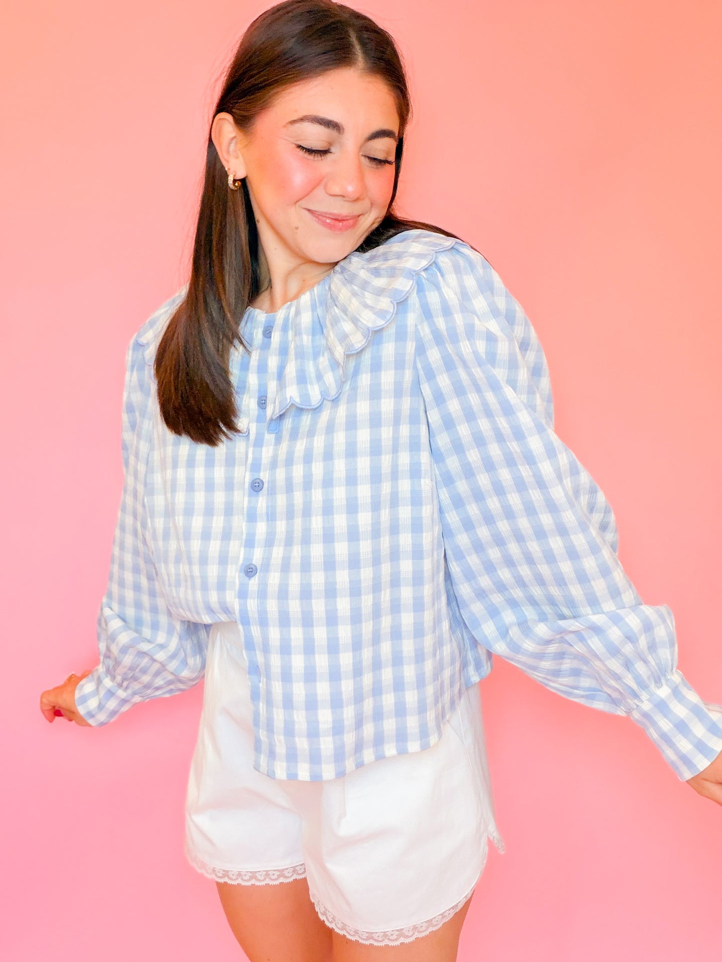 GINGHAM LONG SLEEVE BLOUSE - BLUE