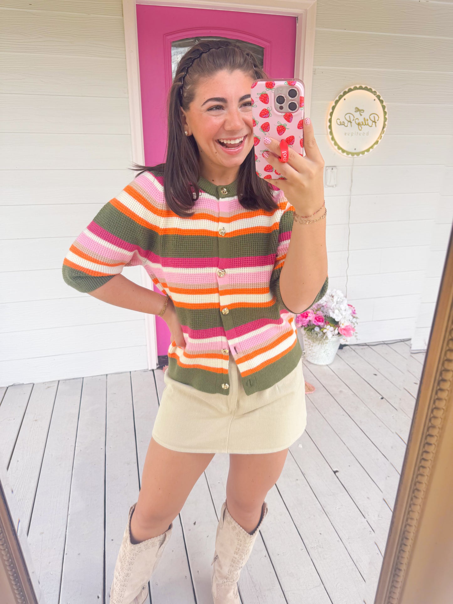 SHORT SLEEVE MULTI STRIPE KNIT TOP