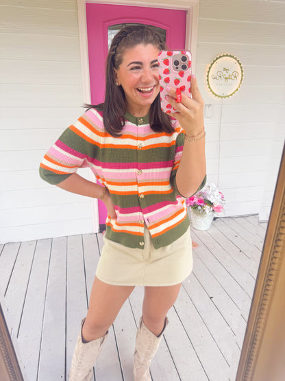 SHORT SLEEVE MULTI STRIPE KNIT TOP