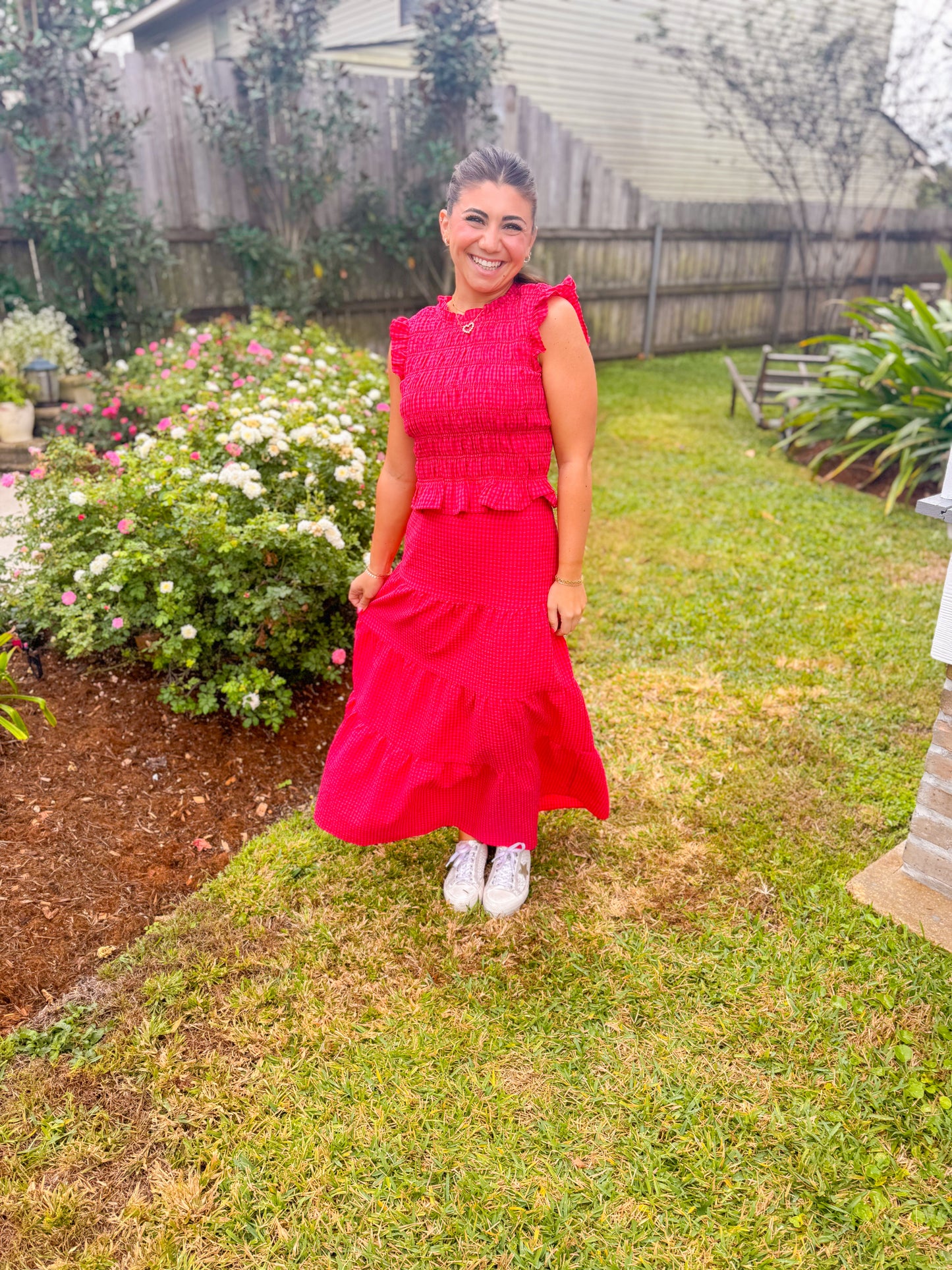 GINGHAM SMOCKED TOP & TIERED MAXI SKIRT SET