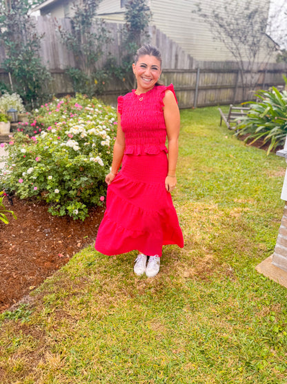 GINGHAM SMOCKED TOP & TIERED MAXI SKIRT SET