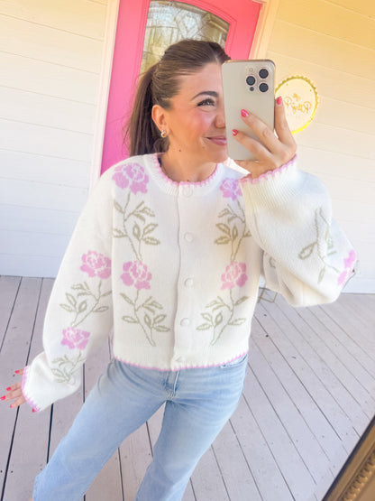 FLORAL STEM BUTTON UP SWEATER