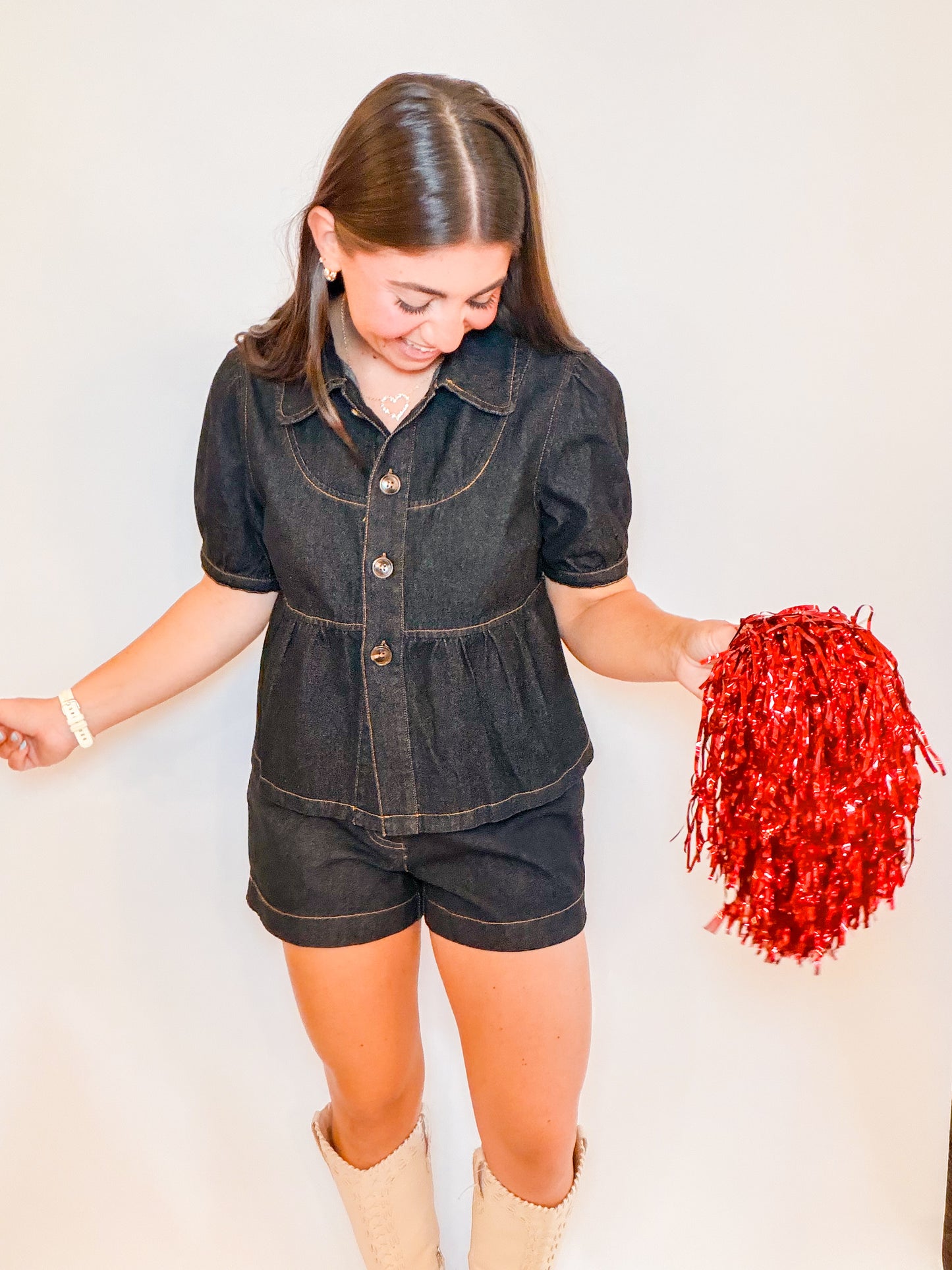 PETER PAN PUFF SLV TOP + DENIM SHORTS SET