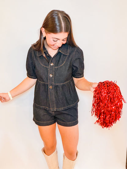PETER PAN PUFF SLV TOP + DENIM SHORTS SET
