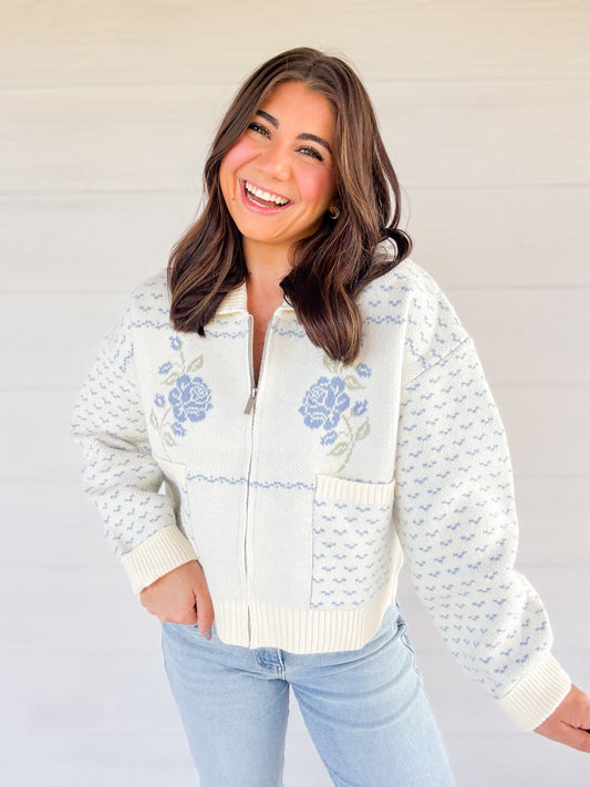 ROSE JACQUARD KNIT ZIP UP JACKET - BLUE