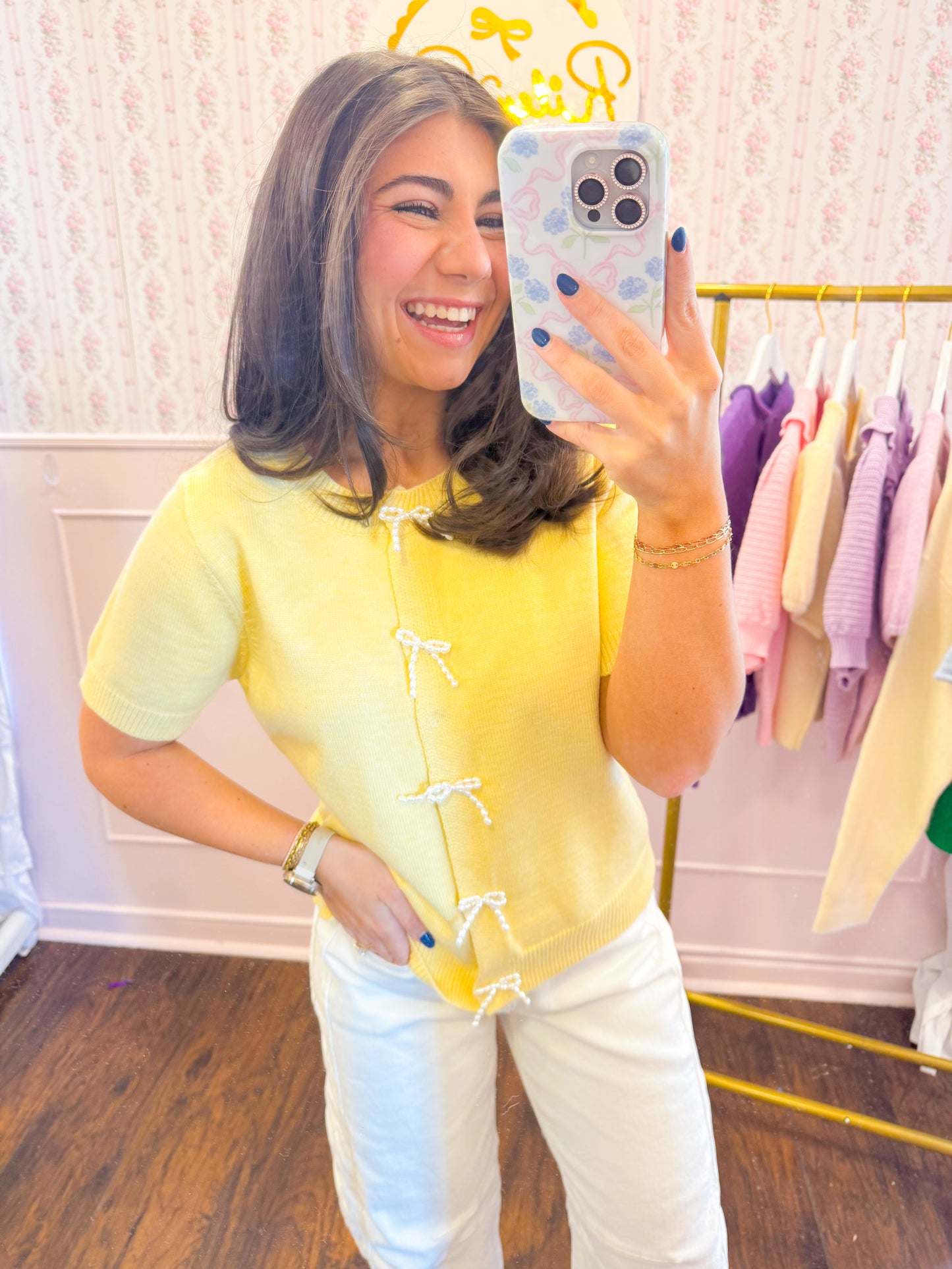 PEARL BOW SHORT SLV SWEATER