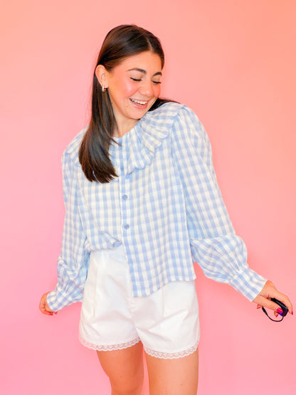 GINGHAM LONG SLEEVE BLOUSE - BLUE