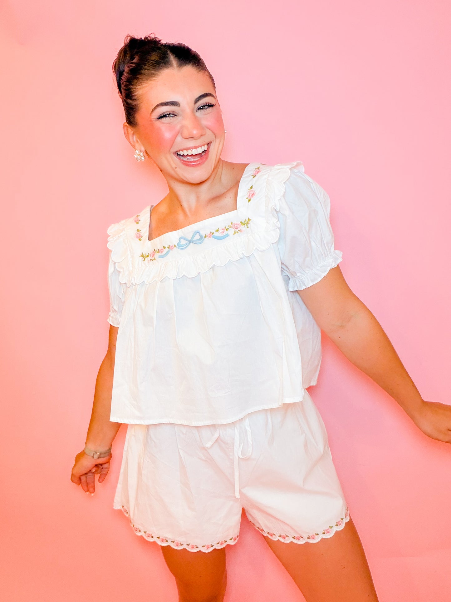 EMBROIDERED SQUARE NECK TOP & SHORT SET - WHITE