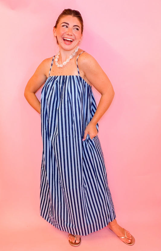 STRIPED MIDI DRESS -  BLUE/NAVY
