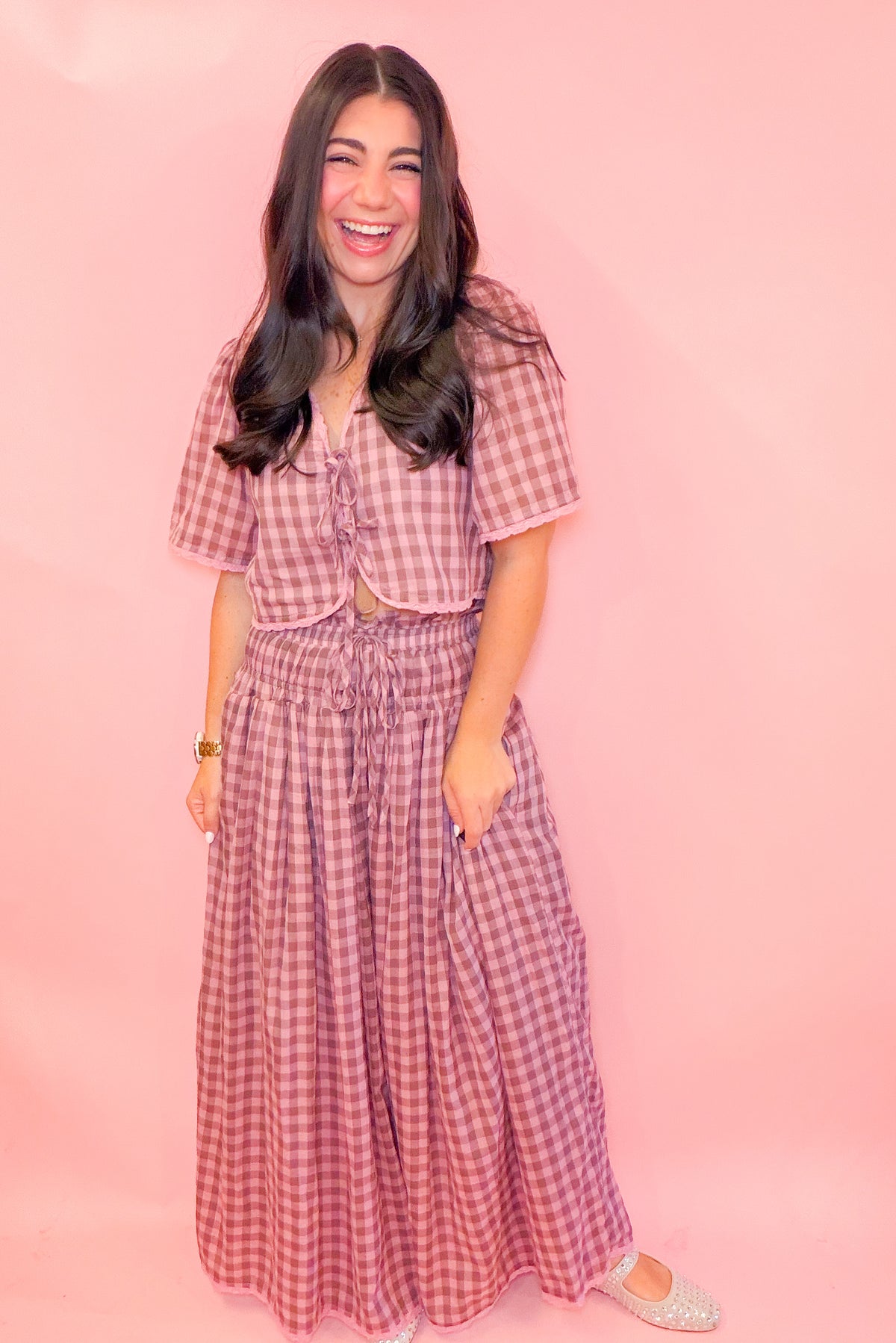 FRONT TIE TOP + MIDI SKIRT SET - MAUVE GING.
