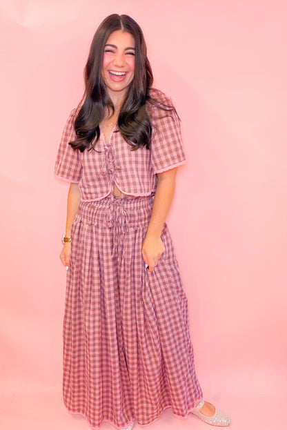 FRONT TIE TOP + MIDI SKIRT SET - MAUVE GING.