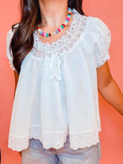 LACE TRIM SHORT SLEEVE TOP - WHITE